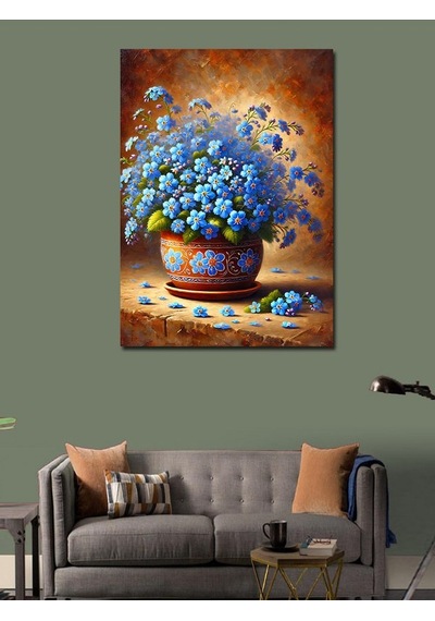 Kanvas Tablo Çini Vazoda Mavi Çiçekler 100cmx140cm