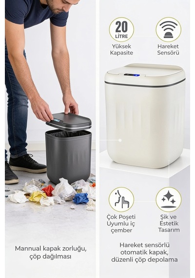 20 Litre Hareket Sensörlü Akıllı Çöp Kovası Beyaz