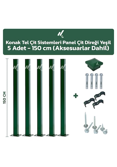 5 Adet Panel Çit Direği 150 CM Yeşil + Aksesuarlar