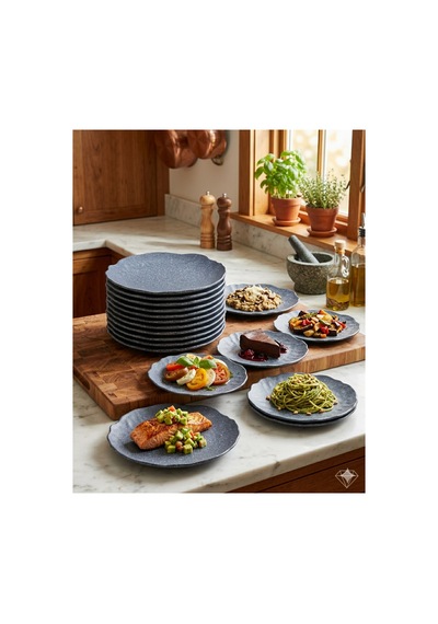 12'li Mat Gri 18 Cm Dalgalı Kenar Servis Tabağı Seti - Modern Yuvarlak Kahvaltı, Pasta Ve Tatlı Tabakları Beyaz