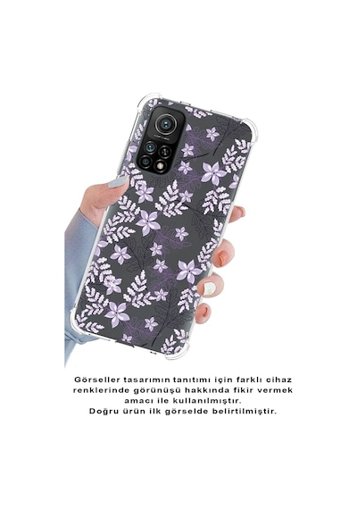 Xiaomi Redmi 10a Köşe Korumalı Antişok Kapak Floral Lila Tasarımlı Şeffaf Silikon Kılıf