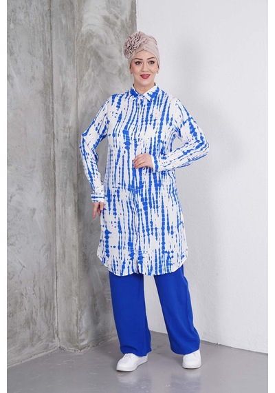 Polologin Butik Mavi Desenli Tunik Ve Pantolon Takım Mavi & Beyaz
