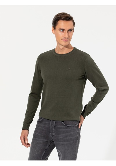 Cacharel Haki Slim Fit Bisiklet Yaka Basic Triko Kazak Yesıl