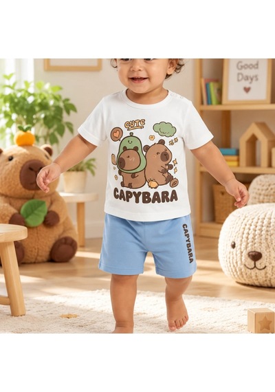 Candar Capybara Baskılı Şortlu Bebek Takımı 9/24 Ay Beyaz