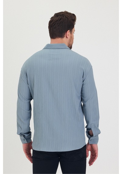 Cool Tarz Erkek Kendinden Çizgi Detaylı Slim Fit Dar Kalıp Uzun Kol Gömlek Mavi Mavi