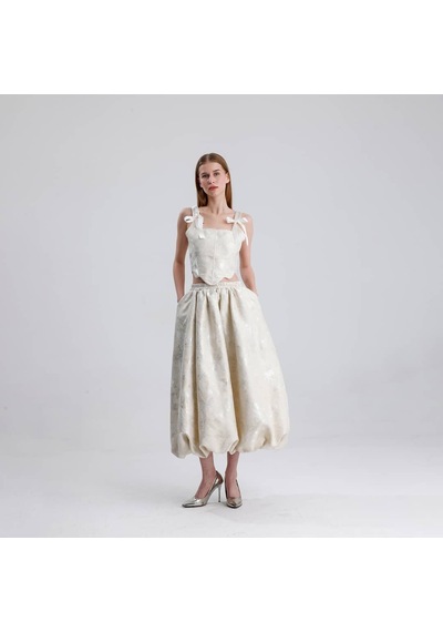L'aura Corset Luna Brokar Balon Midi Etek Krem