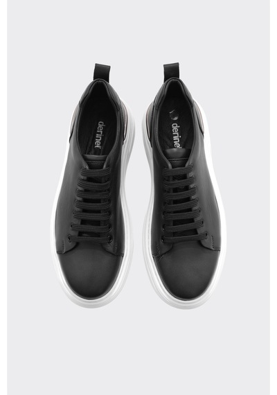 Derinet Hakiki Deri Bağcıklı Yüksek Taban Erkek Sneaker Siyah Beyaz Siyah Beyaz