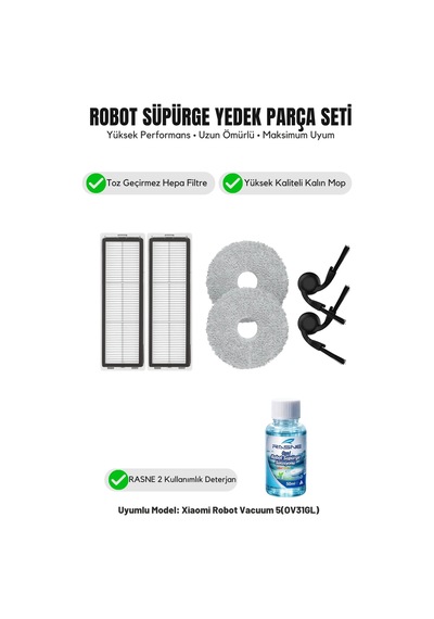 Robot Vacuum 5 Ov31gl İle Uyumlu 2 Yan Fırça 2 Filtre 2 Mop 1 Deterjan 1.0