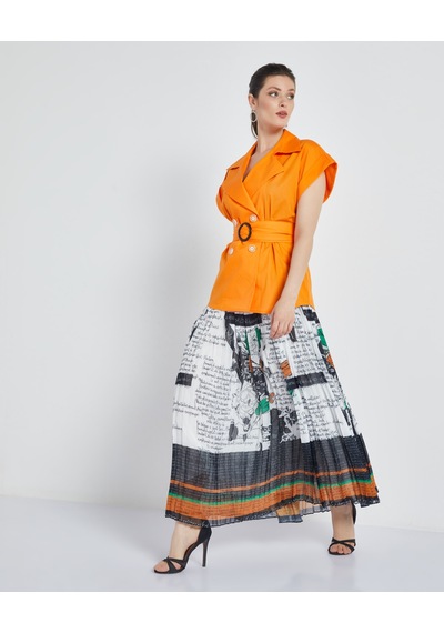 Serpil Exclusive Desenli Kadın Piliseli Elbise - Yelekli - Modern Ve Şık Tasarım - Günlük Ve Özel Günler İçin Elbise Orange Turuncu
