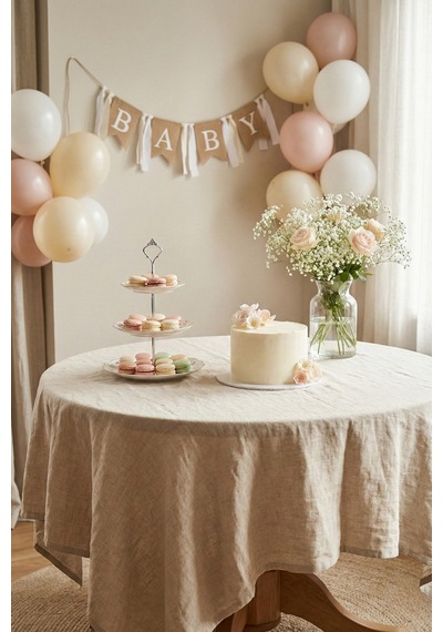 Naturel Keten Masa Örtüsü - Nişan, Baby Shower, Doğum Günü Özel Gün Organizasyon Vintage Örtü Bej
