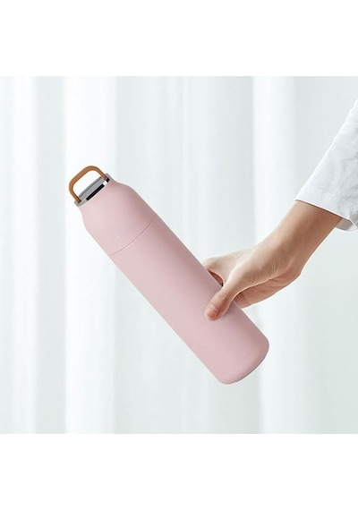 Paslanmaz Çelik Bardak Kapaklı, Tutacaklı, Mat Gövdeli Termos 400 Ml Pembe