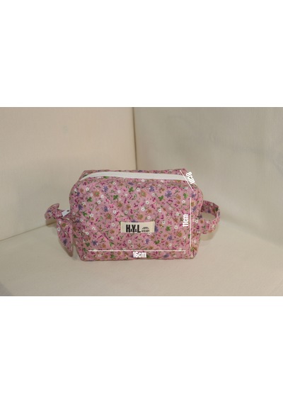 Pembe Çiçekli Küçük Kapitone Makyaj Çantası / Oragnizer - %100 Pamuk Kumaş Pembe - Mini Çiçekli