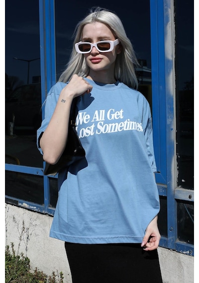 Madmext Mavi Baskılı Oversize Tişört Mg1532-mavi Mavi