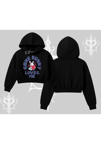 Startmore Kapşonlu Crop Sweatshirt Sevimli Tavşan Some Bunny Loves Me Baskılı Siyah