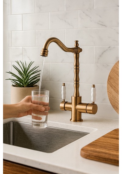 Rena Design Rustik Mat Gold Aritmali 3 Yollu Mutfak Evye Batarya Prinçlüks Musluk Garanti Porselen Kol Armatür