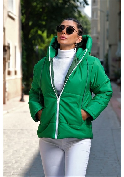 Keyifli Moda Kadın Yeşil Su Geçirmez Kapüşonlu Şişme Mont