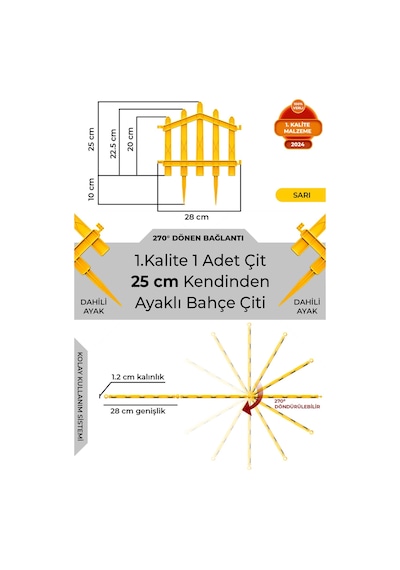 Dekoratif Plastik Bahçe Çiti Ve Peyzaj Çiti 1 Adet Çit Y: 25 Cm / G: 25 Cm Toprak Ayaklı - Sarı
