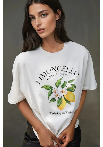 Hiccup Kadın %100 Pamuk Bisiklet Yaka Oversize Beyaz Baskılı T-shirt Kehribar Sarısı