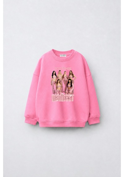 Fasardi Manifest Girls M6nifestgirls Baskılı Oversize Şardonsuz Uzun Kollu Kız Çocuk Sweatshirt Pembe
