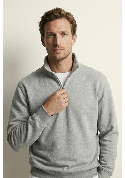 Elemge Pamuklu Erkek Sweatshirt Gri Soft Touch Relax Fit Yarım Fermuarlı Dik Yaka 3 Iplik Nefes Alan