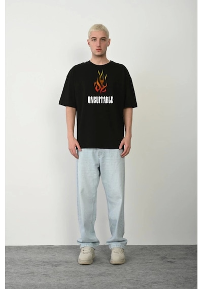 Veraura Lifestyle Unisex Bisiklet Yaka Baskılı Oversize T-shirt - Siyah