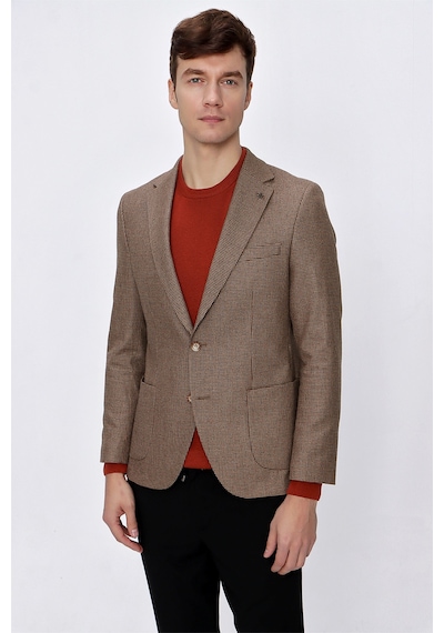 MORVEN  Erkek Kahverengi Yünlü Pitikareli Dokuma Slim Fit Dar Kes Kahverengi
