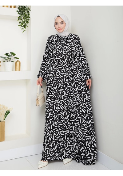 Nevayla Moda Desenli Önü Büzgülü Viskon Elbise - Siyah / E0131 Siyah
