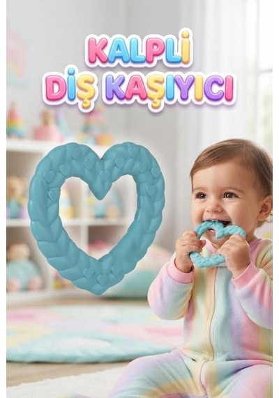 Kalp Şekilli Esnek Bpa İçermeyen Kabartılı Pastel Renkli Oyuncak Bebek Diş Kaşıyıcısı Turkuaz