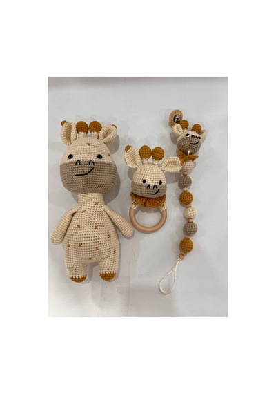 El Örgüsü Zürafa Set Amigurumi + Çıngıraklı Diş Kaşıyıcı + Emzik Zinciri Gri