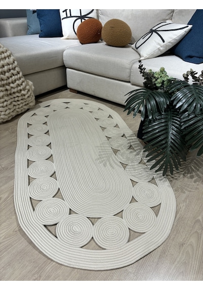 Mavaux Krem Jüt Hasırlı El Örgüsü Kilim Beyaz