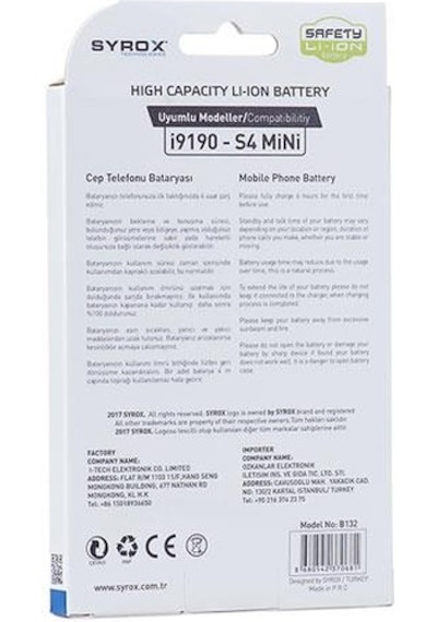 Syrox Samsung Uyumlu S4 Mini / İ9190 Batarya B132