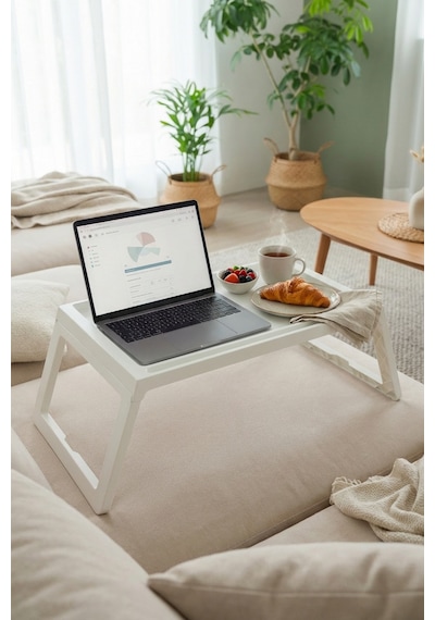 Katlanabilir Yatak Üstü Keyif Sehpası Laptop & Kahvaltı Sehpası 56 36 Cm Beyaz