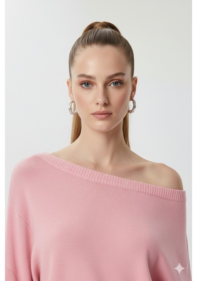 Fiolin Omuzu Açık Off Shoulder Triko Kazak Pembe
