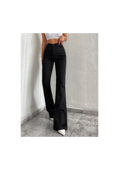 Kene Jeans Yüksek Bel Siyah Tam Kalıp Flare/ispanyol Paça Likralı Jeans Siyah