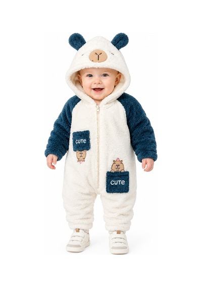 Chicsy Baby Tatlı Ayıcık Nakışlı Bebek Welsoft Tulum Kapüşonlu Kulaklı Fermuarlı Cepli Kışlık Peluş Tulum Lacivert