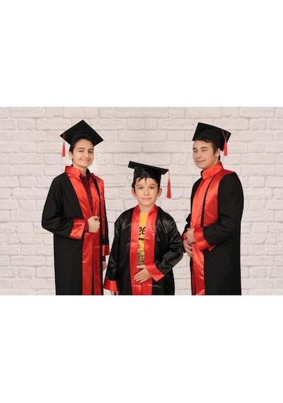 İşel Tekstil Unisex Siyah Kırmızı Lise Mezuniyet Kıyafeti Siyah Kırmızı