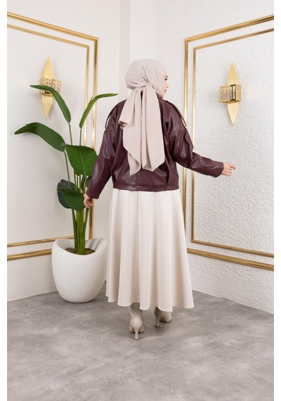 Hb Harma Time Butik Kadın Bordo Deri Astarlı Fermuarlı Ceket