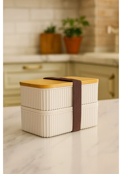 Makri Home Bambu Kapaklı 2'li Saklama Kabı Seti 0,5+0,5 Litre Üst Üste Konabilir 15x9x10 Cm Beyaz