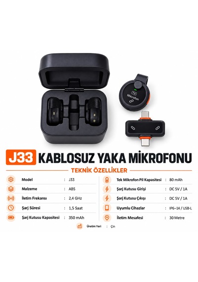 J33 Kablosuz Yaka Mikrofonu 30 Metre Menzil Kablosuz İletim 24 Saat Pil Çift Mikrofon Yapay Zeka Destekli Gürültü Engelleme 360 Derece Ses Algılama Tyep-c Ve Lightning Uyumlu-vlog-canlı Yayın-röportaj