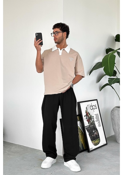 Krem California Polo Yaka Outplenty Premium Oversize Tişört Krem