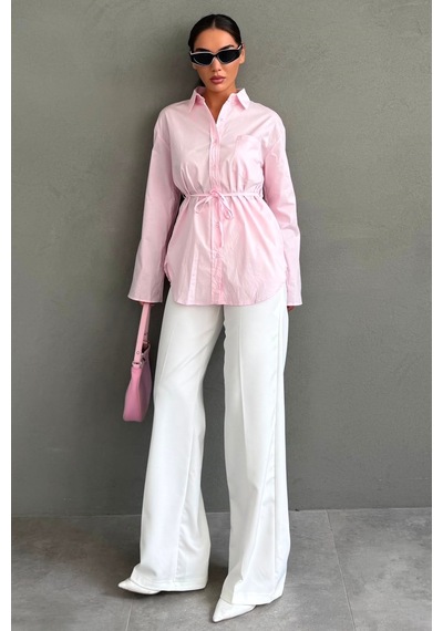 Madmext Pembe Belden Bağlamalı Oversize Cepli Gömlek Mg2798