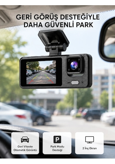 Full Hd 3'lü Araç Kamerası Geri Görüş Destekli Park Modlu 1080p Dvr 08754973