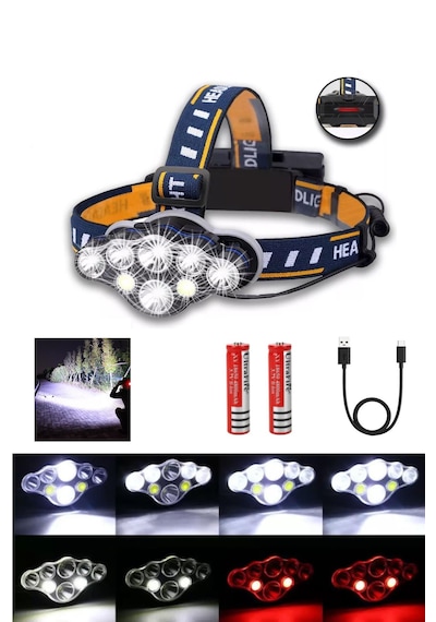 Peakstar Ps-888 Güçlü Usb Şarjlı 8 Modlu 6000 Lümen Kafa Lambası Mavi - Siyah