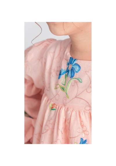 Mnk Baby & Kids Otantik Akdeniz Çiçek Nakışkız Çocuk Müslin Elbise M00706 Pudra