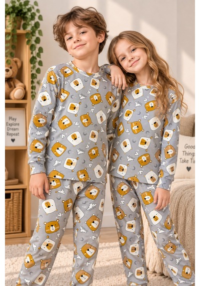 Free Beka Sevimli Desenli Bisiklet Yaka %100 Pamuklu İnterlok Kumaş Kız Ve Erkek Çocuk Uzun Kollu Pijama Takımı Gri