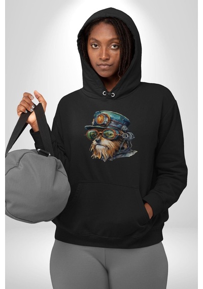 Tren Sürücüsü Gözlüklü Yorkshire Kadın Erkek Siyah Kapüşonlu Sweatshirt Hoodie Siyah