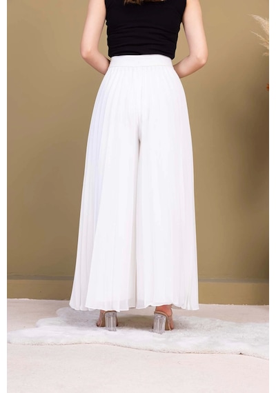 Lodmela Beli Lastikli Pliseli Şifon Pantolon 6030-beyaz Beyaz