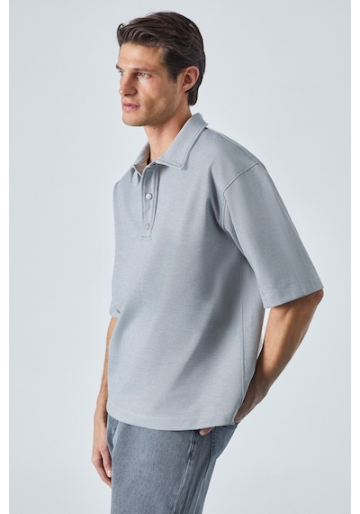 Grimelange Jucka Erkek Kısa Kollu Çıtçıt Kapamalı Oversize Fit Polo Yaka Gri T-shirt Gri