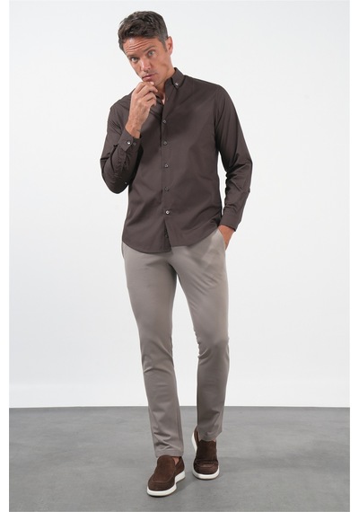 İmza Kahverengi Düğmeli Yaka Uzun Kol Slim Fit Pamuklu Gömlek 1004260235 Koyu Kahverengi