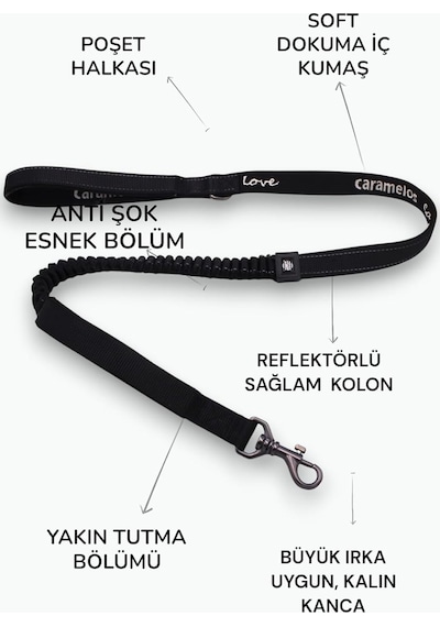 Köpek Gezdirme Tasması, Siyah, Anti Şok Esnek Bölümlü, Reflektörlü, 120-150 Cm, Orta Ve Büyük Irka Uygun